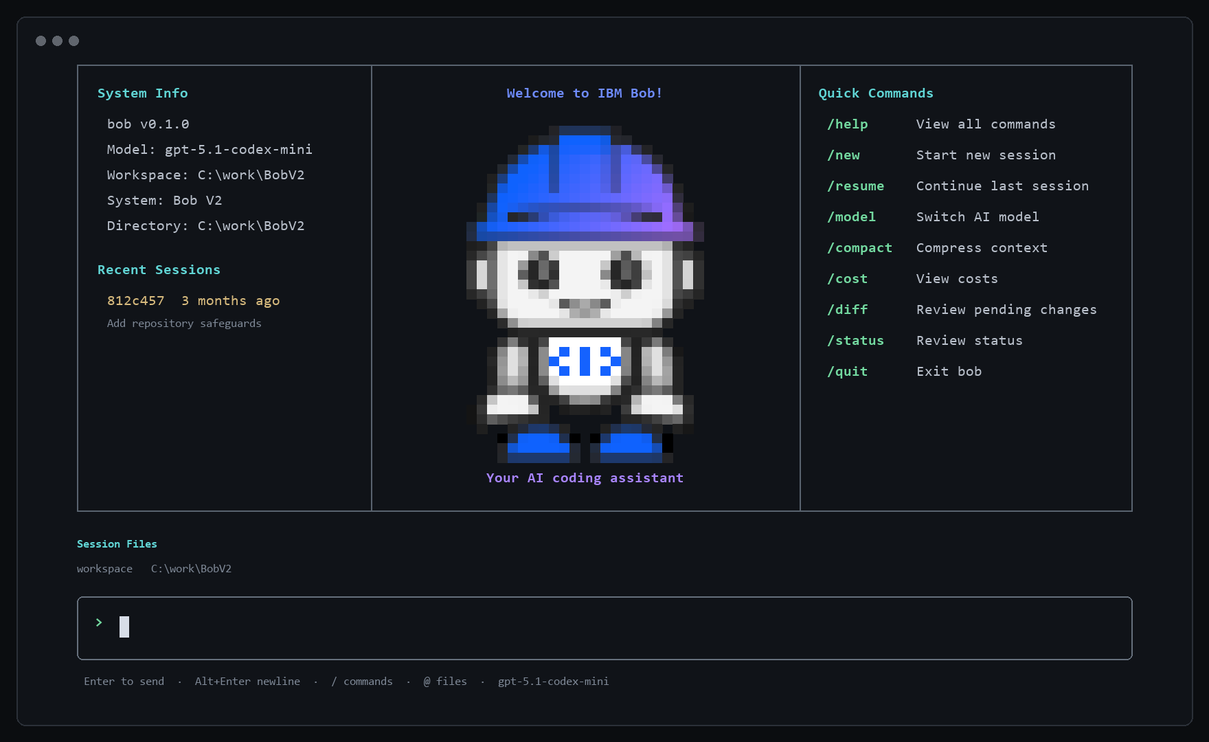 The actual Bob V2 terminal interface, showing system information, its ASCII robot, quick commands, and the coding prompt