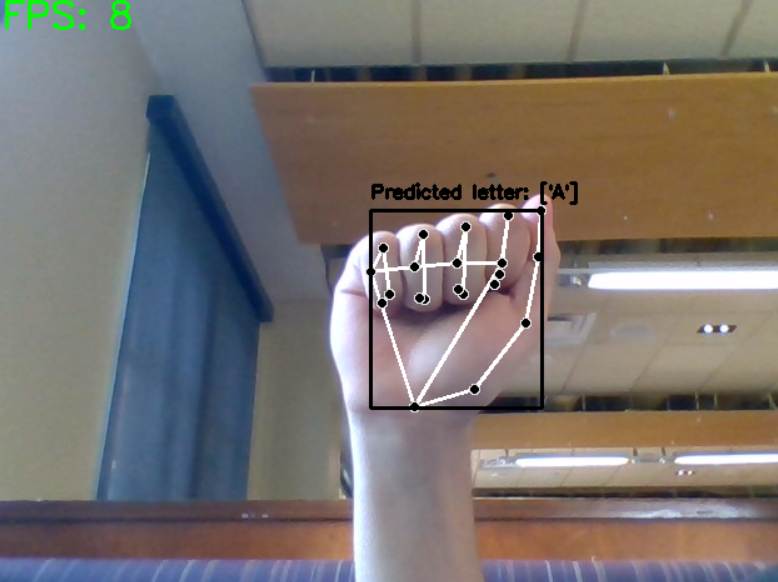Actual Roots in Sign webcam output with MediaPipe landmarks and a hand bounding box